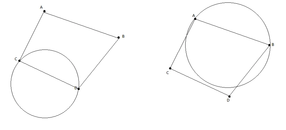Four points A, B, C, D with disk constructions showing shattering impossibility
