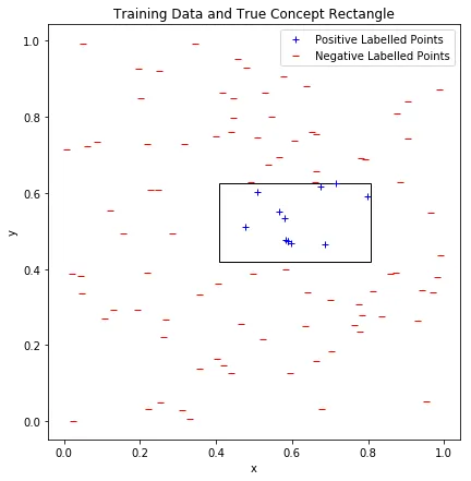 Training data with true concept rectangle